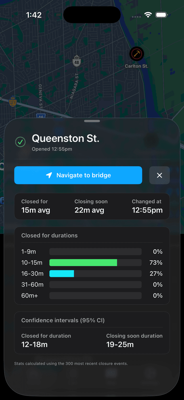 Bridge detail showing statistics for an open bridge