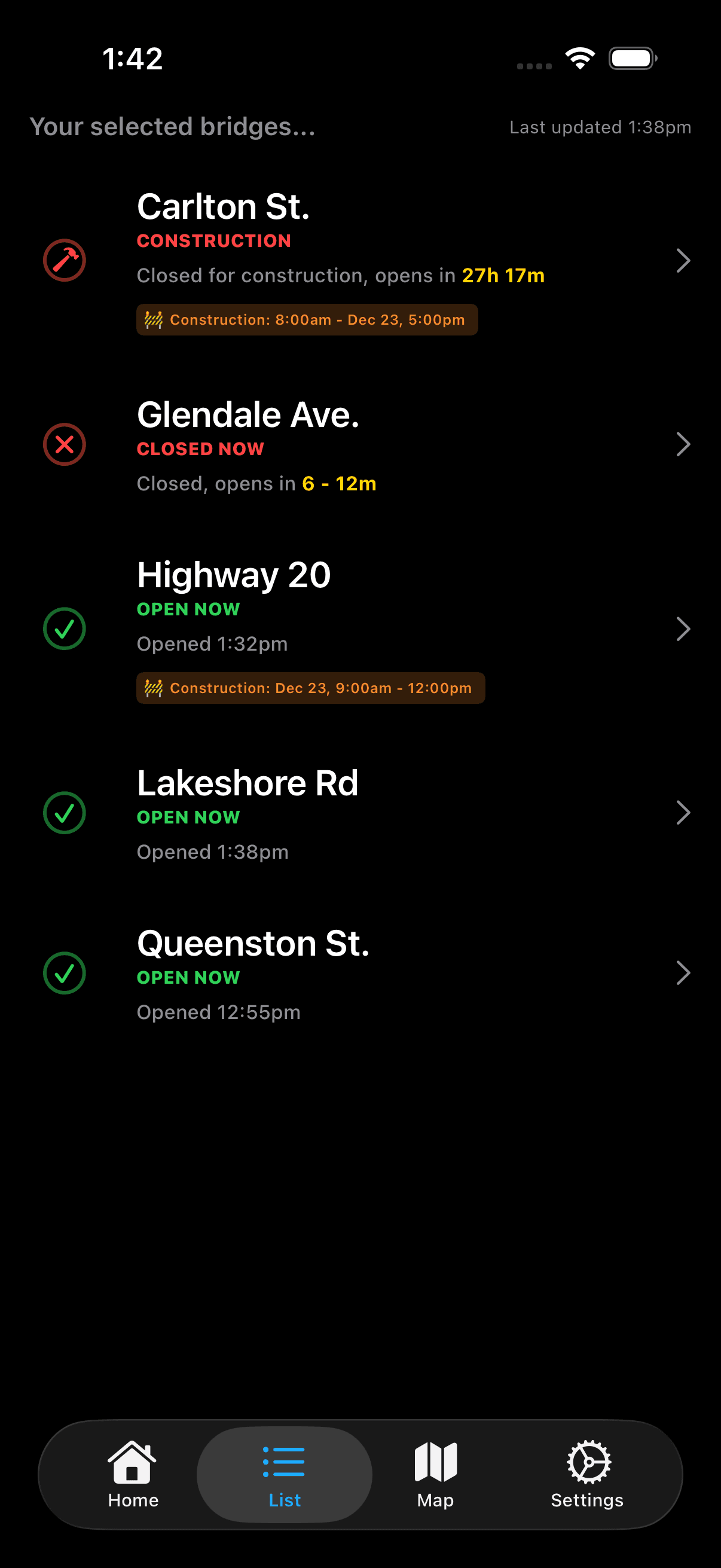 Bridge Up list view showing all bridge statuses